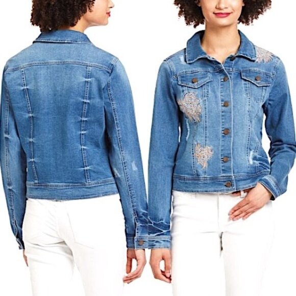 Max Jeans Embroidered Distressed Jean Jacket Light Washed Size L - Picture 1 of 6
